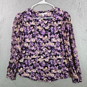Chicos Floral Print V Neck Long Sleeve Blouse Women Size 1 /M Purple Black Beige